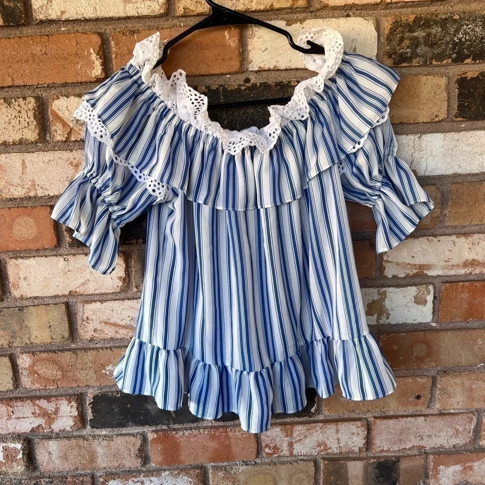 MISA Los Angeles linen off the shoulder Stripe Agot Top in Blue